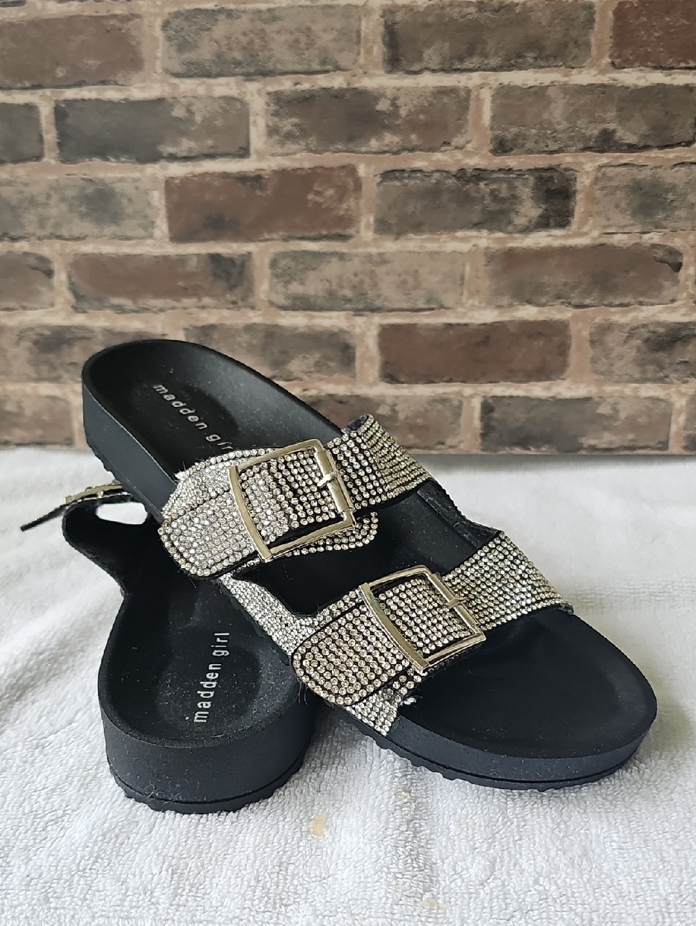 Madden Girl Silver Rhinestone Double-Buckle Slide Sandals